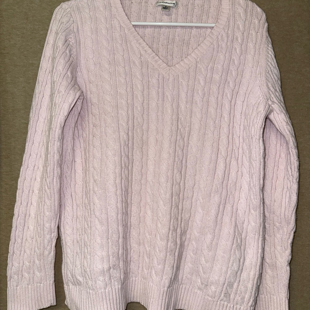 Women's V-Neck Cable Knit Sweater - Light Pink